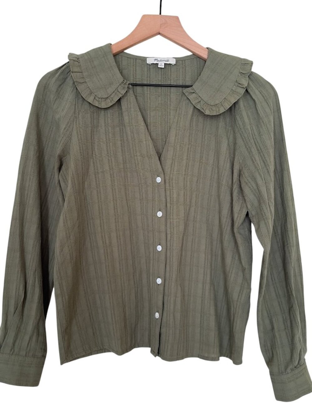 Madewell Green Syril Plaid Ruffle Collar Long Sleeve Button Up Shirt